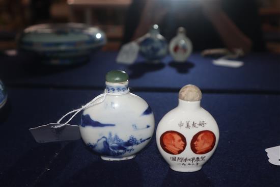 A Chinese Richard Nixon and Chairman Mao snuff bottle c.1972 and a Chinese blue and white snuff bottle